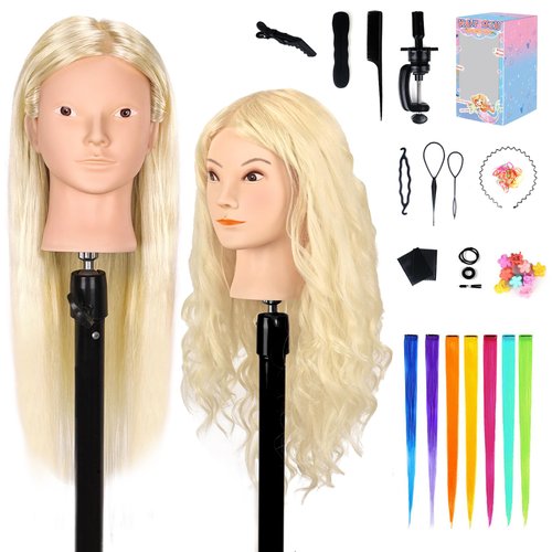 MYSWEETY 26'' Mannequin Head with Hair, 80% Real Human Hair Hairdresser Practice Training Head Cosmetology Mannequin Manikin Doll Head with Table Clamp Holder + DIY Hair Styling Braid Set (Blonde, No