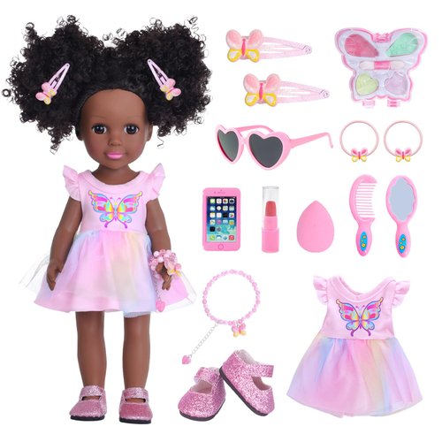 DONTNO 14.5 Inch Black Doll and Baby Doll Clothes and Accessories ,Including Phone Sunglasses Shoes Makeup Accessories and Butterfly Theme Dress Best Gift for Girls Kids