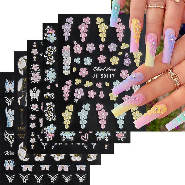 5 Sheets Flowers Nail Stickers, 5D Embossed Self-Adhesive Flowers Nail Decals, Spring Summer Floral Nail Art, Rose Butterfly Stickers for Nail Art, 3D Acrylic Flowers for or Women Nail Decoration