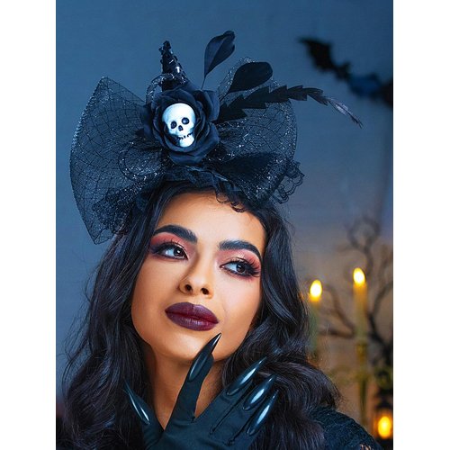 Urieo Gothic Skull Headband Halloween Witch Hat Headbands Black Big Bow Hairband with Feather Cosplay Dress Up Masquerade for Women
