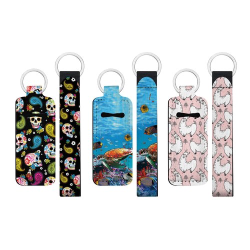 WIRESTER 3 Set of Lipstick Holder Wristlet Keychain Lanyard, Chapstick Holder Keychain, Neoprene Lip Balm Holder Cover for Women - Colorful Sugar Skulls, Full Tropical Sea Coral, Fabullama Pattern