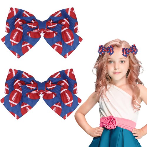 2pcs Football Hair Bow Clip, Football Barrettes Bowknot Sport Hairpin Printed with Rugby Hair Accessories for Girls, Women on Sports Parties Matches School Games