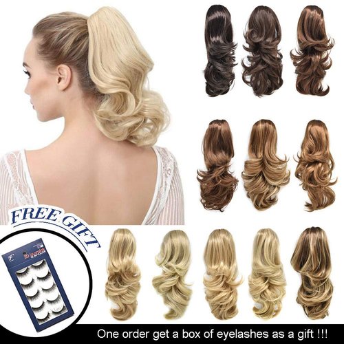 LYRICAL HAIR Synthetic Ponytail Extension for Women Drawstring Claw /Jaw Clip In Long Curly Wavy Pony Tail Hairpiece Women Daily Party Use (14" Hair long, 4T12/26# Dark Brown To Brown Auburn&Dark Ash Blonde)