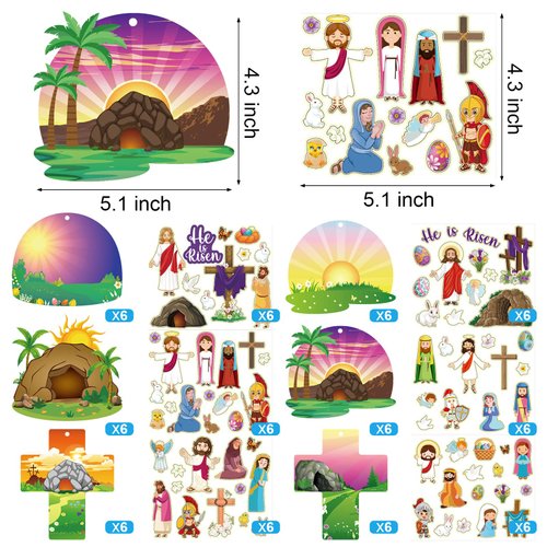 72 Sheets Easter Sticker He Lives Scenes Craft Kit with Rope for Kids Resurrection Stickers Jesus Cross He Is Risen Scene Sunday School Classroom Craft for Kid Party Game Easter Art DIY Project Supply
