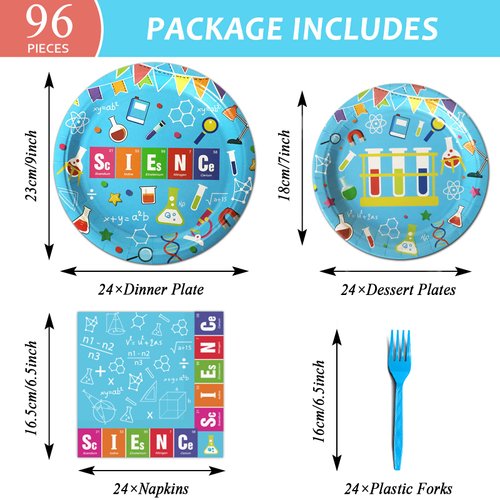 Wiooffen 96 Pcs Science Party Plates Napkins Tableware Set Mad scientist Supplies Disposable Dinnerware Little Scientist Decoration Favors for Kids, 24 Guests