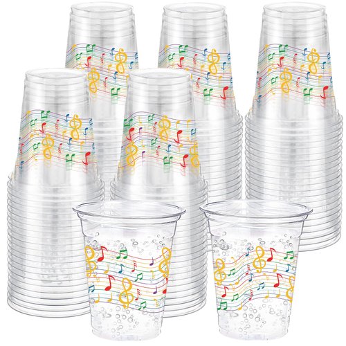 Funnymoom 60 Pack Colorful Music Notes Cup 12 oz Disposable Clear Plastic Musical Cups Happy Birthday Cups for Men Women Music Birthday Party Decorations Favors Wedding Anniversary