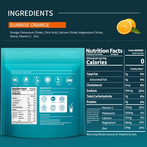 OZENKE Electrolytes Powder Packets, 30 Sticks Hydration Packets Sugar Free, Electrolyte Drink Mix Portable Electrolyte Packets for Rapid Hydration, 0 Sugar & 0 Calorie, Orange Flavor