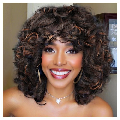 Lotfon Curly Wigs for Black Women Soft Honey Blonde Short Curly Wig with Bangs Afro Loose Curls Heat Resistant Synthetic Wig for African American Women (1B/30)