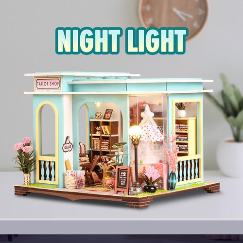 FLYNOVA DIY Miniature House Kit,Tailor Shop Dollhouse with Furniture & LED,Adults Teens Mini House Building Kit,3D Wooden Crafts Tiny House Model,Xmas Birthday Gifts Home Table Decor,Friends Present