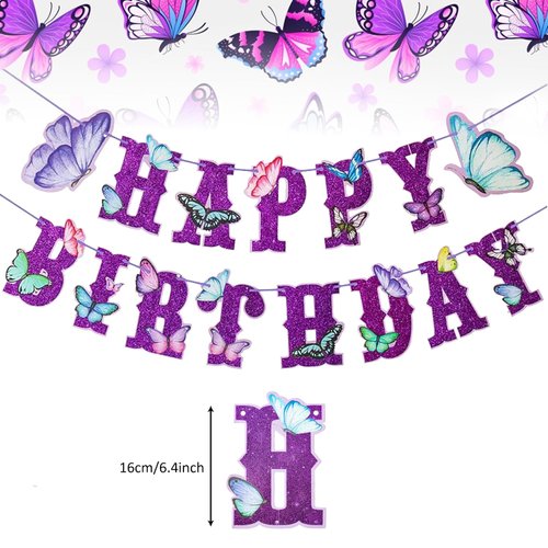Elaliyi Butterfly Happy Birthday Banner Butterfly Birthday Decorations Fairy Happy Birthday Banner Butterfly Birthday Banner for Girls Kids Babys Birthday Party Supplies