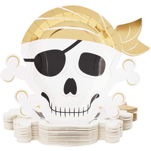 BLUE PANDA 48 Pack Gold Foil Pirate Plates for Pirate Birthday Party Supplies, Tableware (Skull Design, 13 x 10 In)