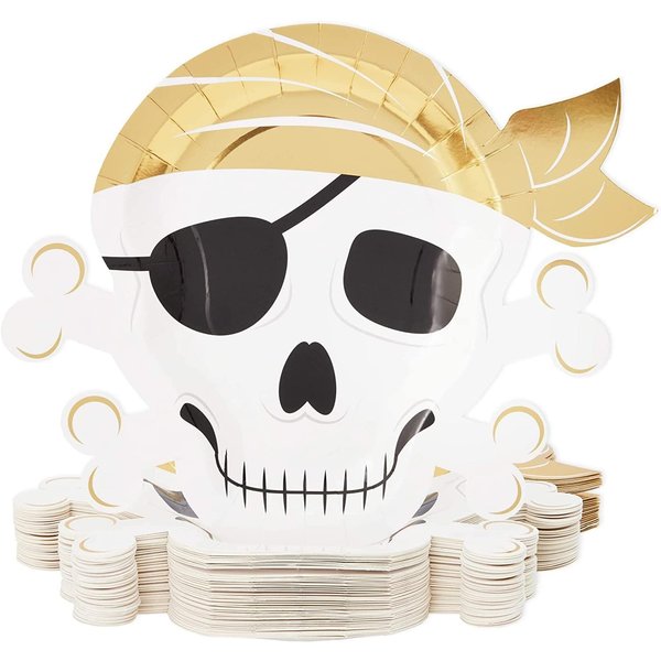 BLUE PANDA 48 Pack Gold Foil Pirate Plates for Pirate Birthday Party Supplies, Tableware (Skull Design, 13 x 10 In)