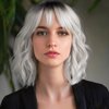 MINLEE Silver Gray Wig with Bangs for Women 14 Inch Short Bob Wavy Curly Wig Gray Hair Wigs Heat Resistant Synthetic Wigs