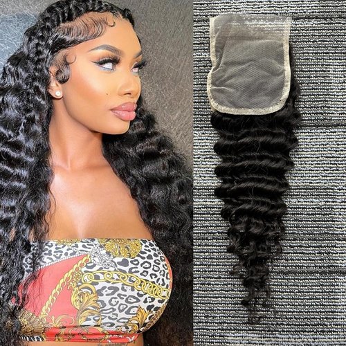 4x4 Deep Wave Lace Closure Human Hair 10 Inch Ear to Ear HD Lace Free Part Closure 100% Brazilian Virgin Human Hair Extensions 150% Density Lace Closure Pre Plucked Natural Black Color