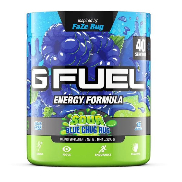 G Fuel Faze Rug Energy Powder, Sugar Free, Clean Caffeine Focus Supplement, Water Mix, Sour Blue Raspberry Flavor, with Focus Amino, Vitamin + Antioxidants Blend - 10.44 oz (40 Servings)