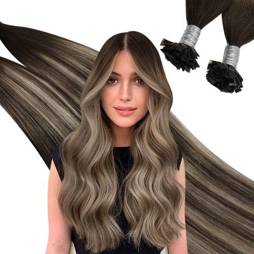 Ugeat Hair Extensions Tip Hair Chocolate Brown Mix Ash Brown Balayage Remy Hair Extensions Flat Tip 18inch #4/18/4 50G 50 Strands 50g