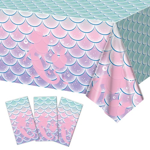 JQSSHXB Mermaid Birthday Tablecloth 3 Pack Mermaid Table Cloths Disposable Plastic Mermaid Birthday Decorations for Party Kids Girls Baby Shower Themed Mermaid Birthday Party Favors (Gradient)