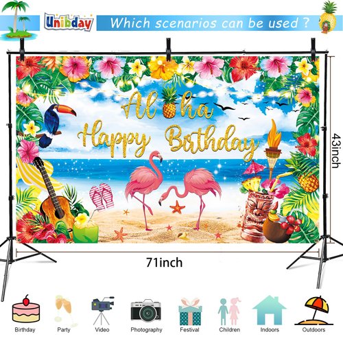 Luau Birthday Party Decorations Supplies, Summer Hawaiian Birthday Backdrop for Tropical Flamingo Pool Beach Party Decoration, Aloha Party Banner with Palm Pineapple Hibiscus Tiki Ukulele Watercolor