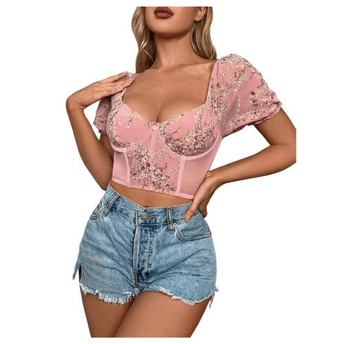 Milumia Women's Floral Lace Puff Sleeve Sweetheart Neck Bustier Corset Crop Top Dusty Pink X-Small