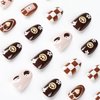 Short Press on Nails Fall Cute Face Fake Nails Winter Brown Oval Glue on Nails Glossy Coffee with Checkerboard Flower Heart Design Short Nails Full Cover French Tip False Nails for Women Girls