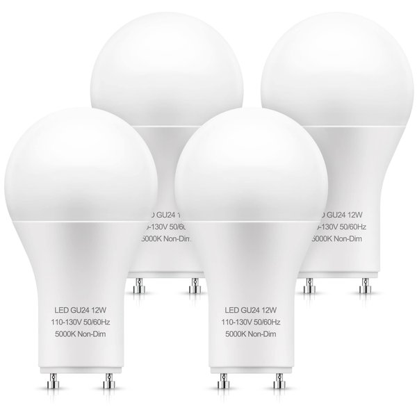 LOHAS GU24 Base LED Light Bulb, 1200Lumen, 12Watt (75W-100W Equivalent) 5000K Daylight White A19 Shape for Ceiling Fan, Twist Lock GU24 LED Light Bulbs for Home Lighting, Non-Dimmable, 4-Pack