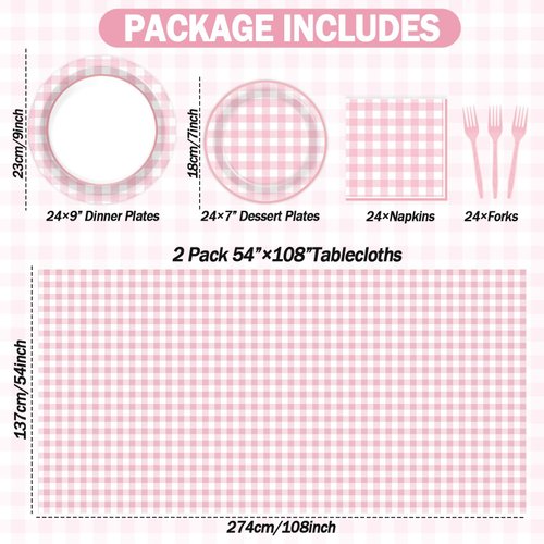 98 Pieces Pink Gingham Party Supplies for 24 Guests Pink and White Checkered Tableware Set Pink Plaid Plates Napkins Tablecloth Party Decorations for Birthday Barbecue Picnic Dinner Party Favors