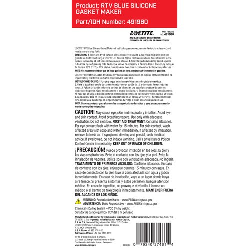 LOCTITE RTV Blue Silicone Gasket Maker for Automotive: Sensor-Safe, High-Temperature, Low-Odor, Replaces Cut Gasket, Silicone Sealant | Blue, 80 ml Tube (PN: 37461 - 491980)