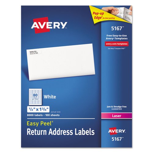Avery Address Labels with Sure Feed for Laser Printers, 0.5" x 1.75", 8,000 Labels, Permanent Adhesive (5167)