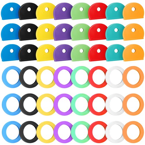 Vibit 48 Pack Key Cap Tags Set in 8 Assorted Colors Plastic Key Identifier Coding Label Covers for Standard Flat House Keys, 2 Styles