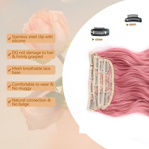 4 PCS Pink Clip in Hair Extensions Natural Soft Long Wavy Synthetic Hair Extensions 20 Inch Thick Hairpieces Double Weft Hair Extension 11 Clips (20Inch(4PCS), 312# Pink)
