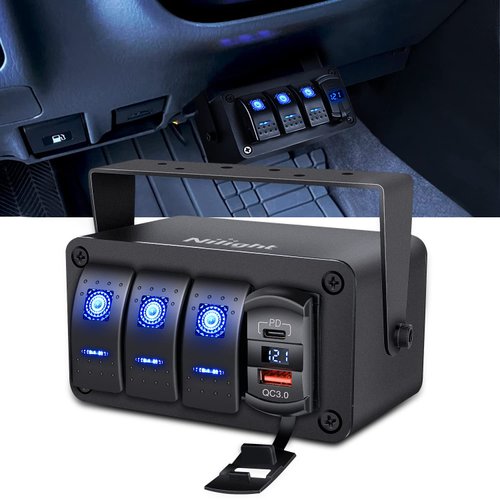 Nilight 3 Gang Rocker Switch Panel Blue Backlit with PD Type C and USB Charger Voltmeter Waterproof 12V 24V DC Rocker Switch with Night Glow Stickers for Car Trucks Boats RVs,2 Years Warranty,Blue/Box