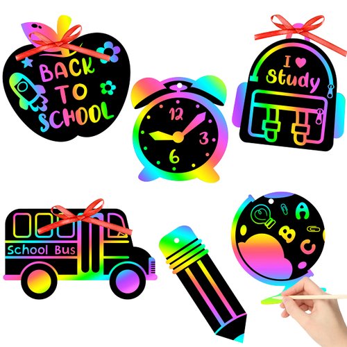 WATINC 60pcs Back to School Scratch Art for Kids, Paper Scratch Off Cards Craft Kit, Pencil Bus Bag Magic Color Bookmarks Party Favors, School Classroom Appreciation Activity DIY Project