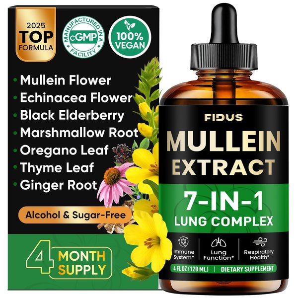 Fidus 7 in 1 Mullein Drops for Lungs- Echinacea | Oregano | Ginger | Elderberry | Marshmallow Root ｜Thyme Leaf - Lung Detox for Smokers, Respiratory & Immune Support- Vegan，Non-GMO，4 fl oz