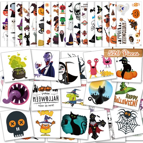 520PCS Halloween Temporary Tattoos,Pumpkin and Candy Halloween Decorating Stickers for Kids Trick or Treat Gifts Party Favors Supplies