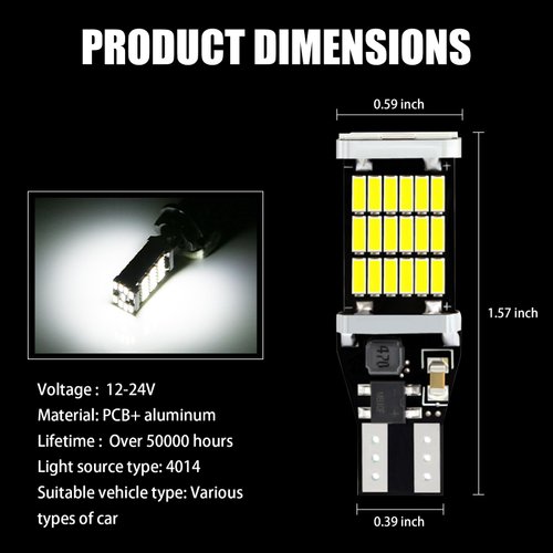 Sodcay Pack-4 LED Reverse Lights, T15 4014 45SMD Chipsets Backup Reverse Light Bulbs, Canbus Error Free Brake Stop Cargo Backup Lights (White)