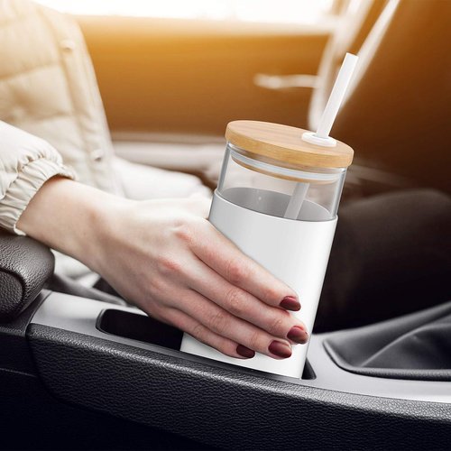 Tronco 20oz Glass Tumbler Glass Water Bottle Straw Silicone Protective Sleeve Bamboo Lid - BPA Free (Papaya/ 1 Pack)