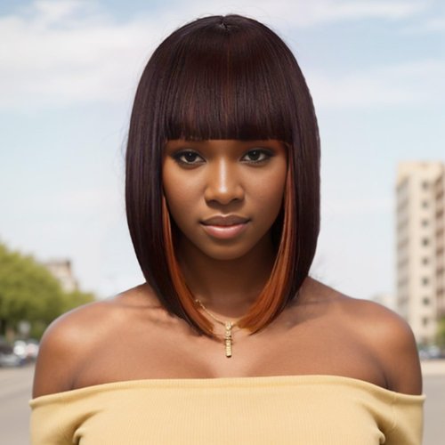 YYHR Short Bob Wig With Bangs 14" Shoulder Length Dark brown Mix Light brown Bob Wigs Yaki Straight Hair Daily Costume Wig For Black Women, Blunt Cut Bob Wigs With Bangs(14 Inch,S4/30)