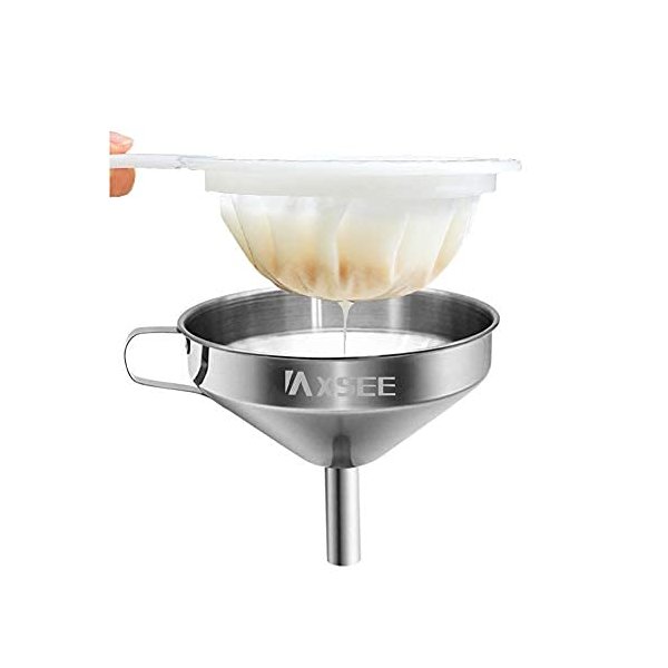 IAXSEE 5-Inch Funnel with Fine Mesh Strainer, 304 Stainless Steel Funnel with Extra Fine Mesh Strainer 200 Mesh Cooking Oil Filter Strainer ​for Juice Strainer Oil Strainer (Stainless Steel)