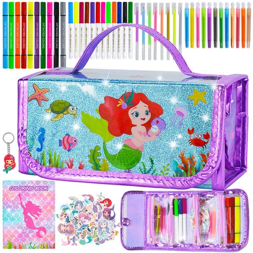 YGSEPCC Washable Markers Set for Kids 95 Pcs with Mermaid Pencil Case, Art and Crafts for Kids Ages 4-6-8-12, Birthday Gifts for Girls 4 5 6 7 8 9 Years Old, Arts Supplies Kid Coloring Set