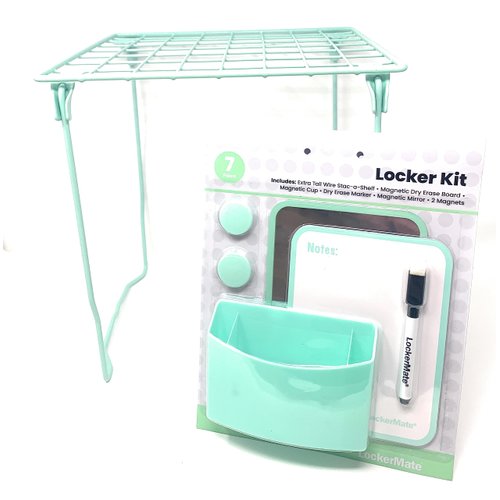 LockerMate 7 Piece Tall Wire Locker Kit with Magnets, Mirror, Dry Erase Board, Storage Cup, Dry Erase Marker School Supplies (Mist Green)
