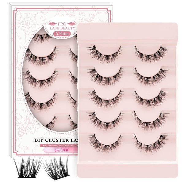 Lash Clusters 5 Pairs Cat Eye Lashes Russian Fluffy Lashes that Look Like Extensions Wispy Eyelash Clusters Volume DIY Lash Extension Soft and Easy to Wear (5 Pairs, Enliven)