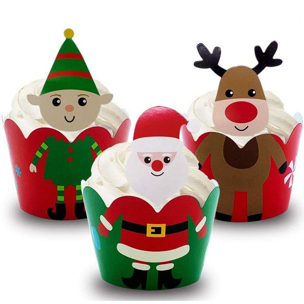 24 Pack Santa Deer Snowman Cupcake Toppers and Wrappers for Christmas Party Supplies(packingmaster)