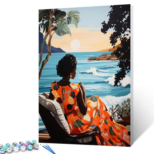 TUMOVO African Black Girl Oil Paint by Number Afro Boho Women Painting Style DIY Painting Hawaii Seascape Acrylic Paintwork for Adults and Kids Students Beginner Home Decor 16x20 Inch Gift（DIY Frame）