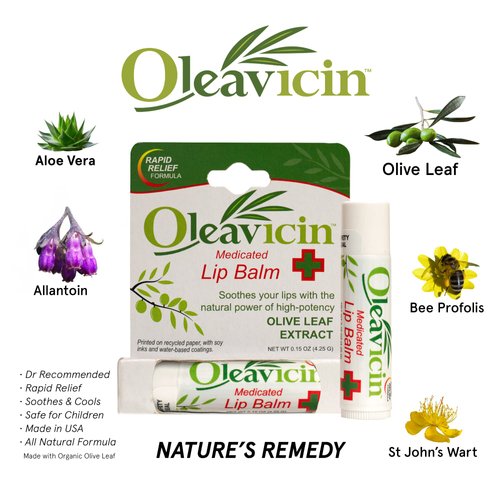 Natural Lip Balm by Oleavicin | Dry Lip Relief | Patented Moisturizing Formula for Chapped Lips | Organic Olive Leaf Extract