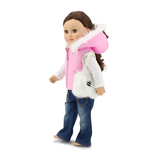 Emily Rose 18-Inch Doll Pink Puffer Vest Coat Gift Set | 4 PC 18" Doll Jeans Spring Casual Outfit, with Matching Purse | Gift Boxed!