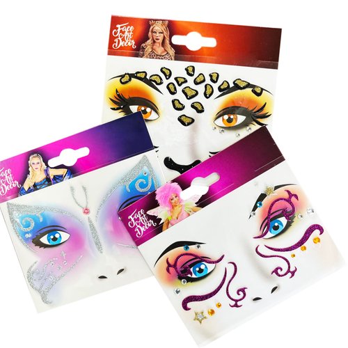 6-Pack Glitter Animal Face Stickers for Kids – Sparkling Face Tattoos for Halloween, Cosplay, and Party Decorations – Reusable Gold Glitter Face Stickers