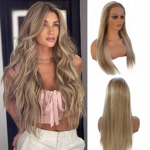 Upgrade - 13*4 Straight HD Lace Front Human Hair Wigs for Women,Strawberry Blonde Mixed Platinum Blonde Ombre Highlight Lace Wig 100% Remy Virgin Hair , Pre Plucked with Baby Hair 150% Density