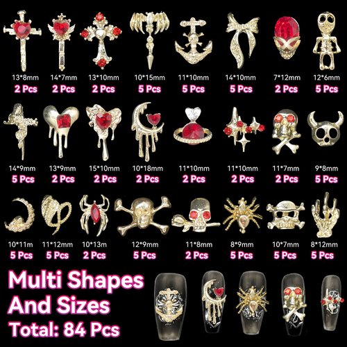 UOTEY 84 PCS 24Styles Gold Halloween Nail Charms, 3D Alloy Spider Skull Hand Halloween Nail Art Charms, Bow Tie Moon Cross Red Nail Gems Charms with Rhinestones DIY Nail Accessories