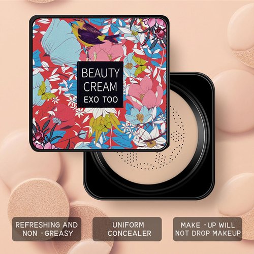 Mushroom Head Air Cushion CC Cream, Beauty Cream EXO TOO, Moisturizing, Long Lasting Matte Base Beauty Cream Makeup with Two Mushroom Head Sponges