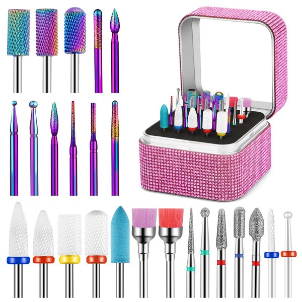 Cellentool 25Pcs Nail Drill Bits Set with Storage Box, 3/32 Inch Tungsten Ceramic Diamond Carbide Nail Drill Bits for Acrylic Nails Gel Polish, Cuticle Efile Remover Bits for Manicure Pedicure